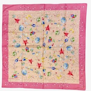 Chanel Pink Whimsical Celestial Stars Moon Planet Silk Scarf